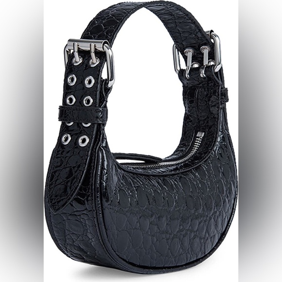 By Far Black Mini Soho Croc Embossed Leather Shoulder Bag - Picture 1 of 10